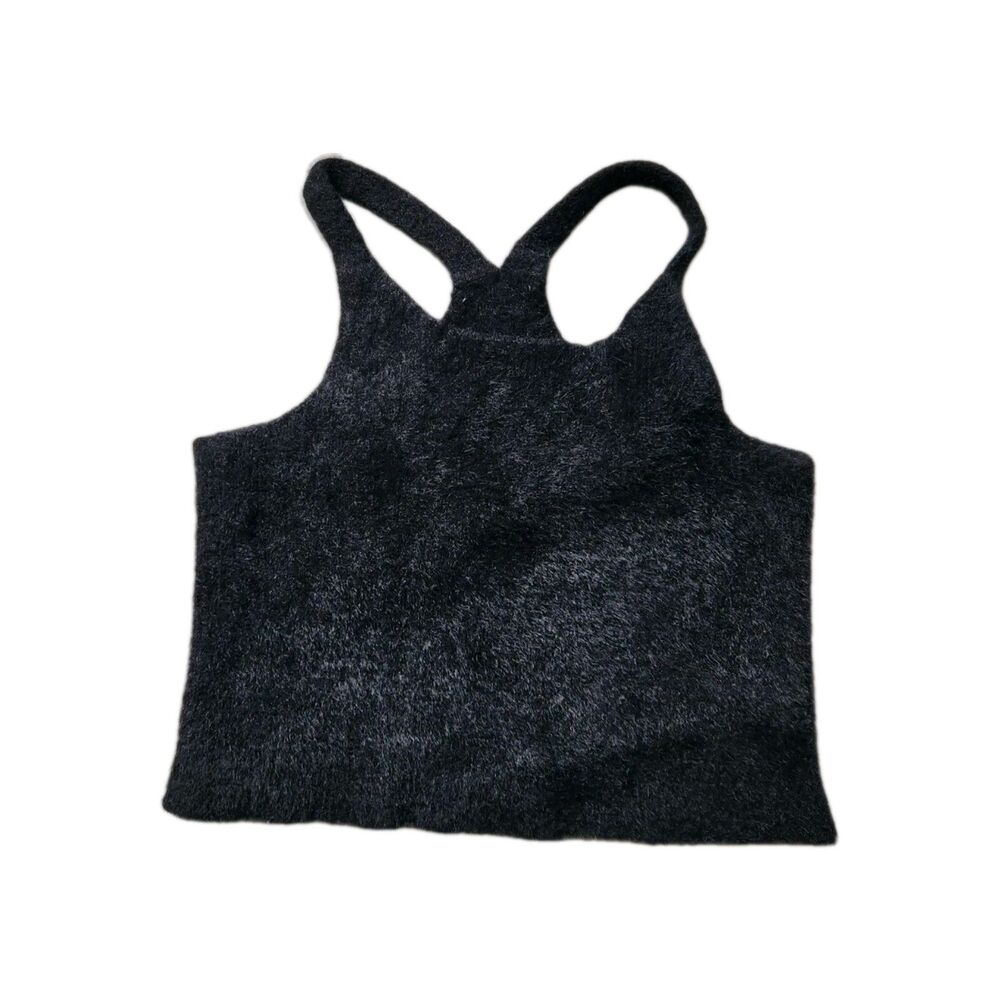 Black Fuzzy Crop Top Racerback Ribbed Knit Stretch Cozy Womens XS/S EUC